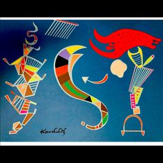 an abstract painting with different colors and shapes on blue paper, including the letter s