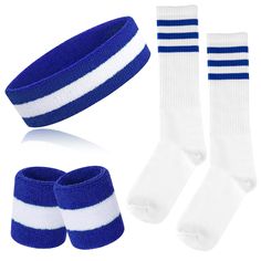 PRICES MAY VARY. 💖 WHAT YOU WILL GET: 1 piece blue white blue sport headband x 2 pieces wristbands sweatband, 1 pair of high tube socks (variety of colors for select); The good elasticity makes the sport sweat-wicking set fit most teens and adults to wear, suitable for both men and women, have them to make you stand out in the crowd or themed parties. 💖 PREMIUM QUALITY: The 80s headband wristband socks set are made of Sweat-absorbent fabric & polyester, breathes well, moisture-wicking, lightwe Adjustable Blue Sports Wristband, Adjustable Blue Wristband For Sports, Sporty White Wristband For Sports Events, White Casual Wristband For Sports, Casual White Wristband For Sports, White Team Spirit Wristband For Sports Events, White Team Spirit Wristband For Sports, 80s Outfits For Men, 80s Costumes