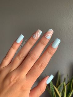 Teal Squiggle Nails, Swirly Nail Designs Blue, Nail Inspo 10-12, Nails For Going On Holiday, Line Art Nails Simple, Light Blue Acrylic Nails Design Medium Length, Ocean Themed Nails Easy, Gel Nail Designs Blue And White, Basketball Gel Nails