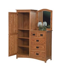 a wooden armoire with drawers and a mirror