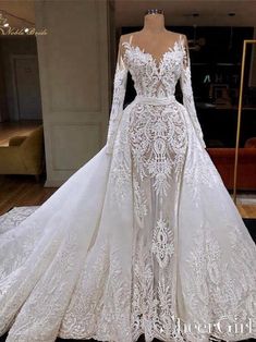 Modest See Through Lace Wedding Dresses Long Sleeve Bridal Dress AWD1459-SheerGirl Wedding Dress With Detachable Skirt, Dress With Detachable Skirt, Mermaid Lace Wedding Dress, Detachable Wedding Dress, Long Sleeve Mermaid Wedding Dress, Long Sleeve Bridal Dresses, Detachable Skirt, Bridal Dresses Lace, Long Sleeve Wedding Dress Lace