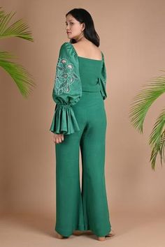 Shop for Chambray and Co. Green Chanderi Londyn Embroidered Top And Pant Set for Women Online at Aza Fashions Embroidered Motifs, Peasant Sleeve, Cutwork Embroidery, Top And Pants Set, Top Pants Set, Green Top, Top For Women, Green Tops, Floral Motifs