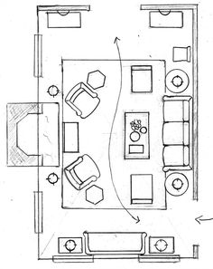 a drawing of a living room with couches, tables and other furniture in it