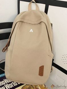 Color: Khaki Khaki Standard Backpack For School, Embroidered Backpack For Daily Use, Student Backpack In Khaki, Student Khaki Backpack, Student Khaki Standard Backpack, Everyday Backpack With Letter Print, Embroidered Beige School Bag, Embroidered Everyday Bags For Back To School, Beige Embroidered School Bags