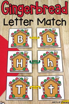 the gingerbread letter match is shown with four matching cards