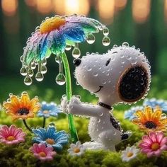 a snoopy dog holding an umbrella in the grass with daisies and flowers around it