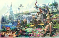 an image of some people and animals in the woods with flowers on them, surrounded by other things