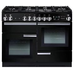 a black stove top oven with two burners on each side and one door open