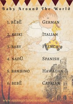 the baby around the world is shown with its names in english and spanish on it