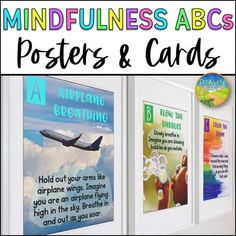 there are posters on the wall with words and pictures above them that say, mindfulness abcs posters & cards