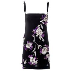 Embroidery Flower Dress, Black Silk Mini Dress, Dress With Floral Embroidery, Velvet Flower, Crystal Embroidery, Velvet Flowers, Dolce Gabbana Dress, Silk Mini Dress, Purple Velvet