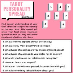 a pink poster with the words tarot personality spread on it's back side