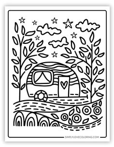 a black and white drawing of a camper in the woods with stars above it