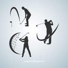 the silhouettes of people playing golf are depicted in this graphic design set, including a man swinging a golf club