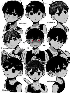 an anime character's face with different facial expressions and haircuts, all in black