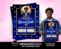 a man holding up two signs with the name of his opponent, hoco king