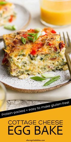 an egg bake on a plate with orange juice in the background and text overlay that reads cottage cheese egg bake