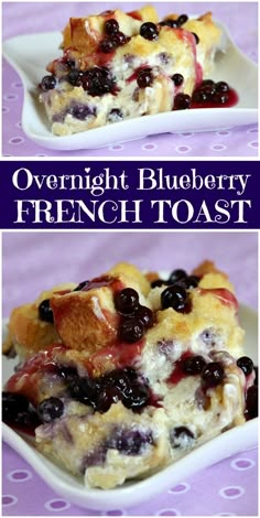 overnight blueberry french toast on a white plate with the title overlay above it