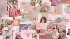 a collage of pink and white items