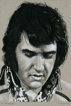 a drawing of elvis presley in black and white with his eyes closed, looking to the side