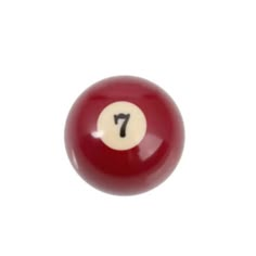 a red pool ball with the number seven on it's side, in front of a white background