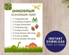 printable dinosaur scavenger hunt for kids on a wooden table with green leaves