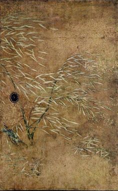 an image of a painting with grass in the foreground and a ladybug on it