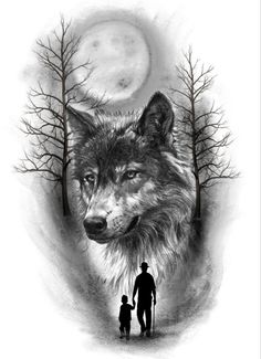 a drawing of a wolf with a man and child