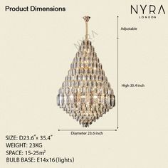 an image of a chandelier with measurements for the size and width in front of it