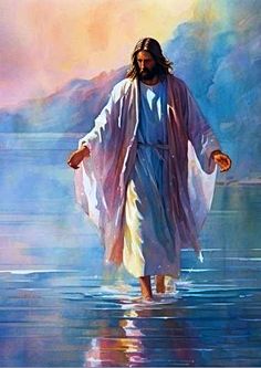 jesus walking in the water with his arms outstretched