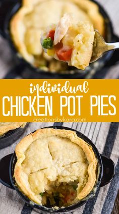 an individual chicken pot pie in a cast iron skillet with a spoon full of it