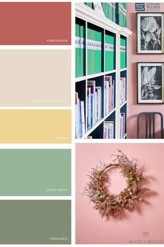 some bookshelves and pictures on the wall in different colors, including pink, green,