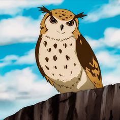 an owl sitting on top of a wooden post in front of a cloudy blue sky