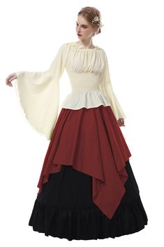 PRICES MAY VARY. Good Workmanship- The material of the double layered skirt is thick, heavy, durable. The shirt has a silky feel and is mostly opaque. it's thick enough that you can wear a light tanktop under it and it won't show through Basic Pieces for Ren Faire- Beautiful combination of colors: victorian cream top and dark color renaissance skirt. This is a great foundation for any lady who is looking for the renaissance basic pieces. you could add various different pieces - corsets, belts, s Medieval Dress Peasant, Irish Costumes, Medieval Peasant, Shirt And Skirt, Peasant Shirt, Victorian Costume, Costume Women, Medieval Costume, Trumpet Sleeve