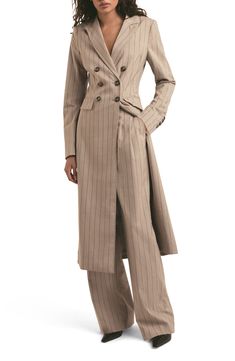 Crisp pinstripes perfect the timeless style of this double-breasted coat in a longline silhouette. Front button closure Peaked lapels Four-button cuffs Front flap pockets Back vent Lined 64% polyester, 34% rayon, 2% elastane Dry clean Imported Flower Pants, Custom Made Suits, Party Jackets, Longline Coat, Food Displays, Blazer Designs, Favorite Daughter, Double Breasted Coat, Work Outfits