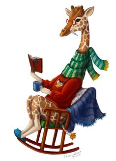 a giraffe sitting on top of a wooden rocking chair next to a cup