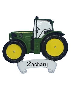 a green tractor with yellow wheels and the name zachary on it