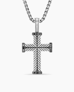 Chevron Cross Pendant in Sterling Silver with Black Diamonds, 33.5mm Black Diamonds, Mens Pendant, Mirror Image, Customer Care, David Yurman, Watches Jewelry, High Jewelry, Box Chain, How To Make Ornaments