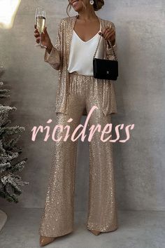 Party Scene Sequin High Rise Elastic Waist Wide Leg  Pants Draped Coat, Sequin Sleeve, Party Pants, Party Scene, Boho Chic Outfits, How To Hem Pants, Style Party, One Piece Outfit, Dress Home