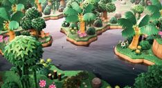 an animated landscape with trees, plants and water