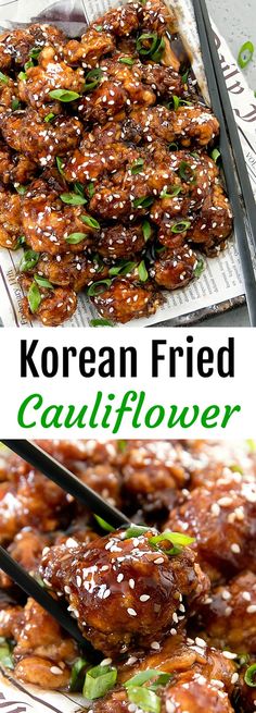 korean fried cauliflower with sesame seeds on top and in the background, there is a serving platter full of them