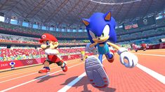 mario and sonic running on a track in an olympic games arena, with spectators watching from the stands