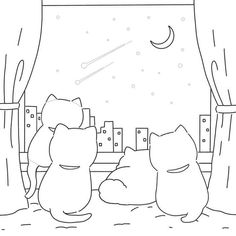 two cats sitting in front of a window looking at the moon and stars above them