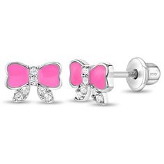 These bubble gum pink enamel bow earrings are sweet and lovely for little girls. Cubic zirconia adds a fun sparkle to the silver bow earrings and the 925 sterling silver makes this pair hypoallergenic and safe for sensitive ears. They feature threaded posts and a safety back system to ensure your child's earrings stay comfortably in place. Complimentary gift box is included for easy gift giving! Teen Necklaces, Teen Earrings, Teen Jewelry, Baby Earrings, Kids Rings, Thread Earrings, Kids Earrings, Kids Necklace, Earring Post