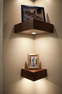 two floating shelves with pictures on them in a corner next to each other and the words 20 diy corner shelves to beaufy your awkward corner - kau