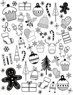 black and white christmas doodles with presents, gifts, trees, hats, mittens