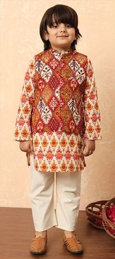 Red and Maroon color Boys Kurta Pyjama with Jacket in Cotton fabric with Printed work Traditional Cotton Sets For Fall, Red Long Sleeve Nehru Jacket For Eid, Red Long Sleeve Nehru Jacket For Festivals, Traditional Fall Cotton Sets, Red Cotton Sets For Fall, Red Cotton Fall Season Set, Festive Red Kurta For Fall, Red Festive Fall Kurta, Red Long Sleeve Kurta For Winter