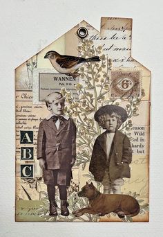 an altered photograph of two children and a dog in front of a tree with birds on it