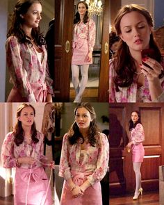 a collage of photos of a woman in pink and white pajamas, holding a cell phone