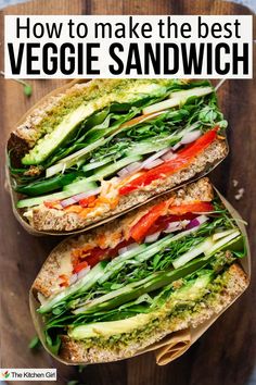 A veggie sandwich with layers of avocado, spinach, red peppers, cucumbers, and sprouts on whole grain bread, cut in half, displayed on a wooden surface. Text above reads, How to make the best veggie sandwich. Salad Sandwich Ideas, Best Veggie Sandwich, Meatless Lunch, Veggie Sandwich Recipes, Lunch Sandwich Recipes, Sandwich Spread Recipes, Veggie Sandwiches, Vegetable Sandwich, Vegetarian Sandwich Recipes